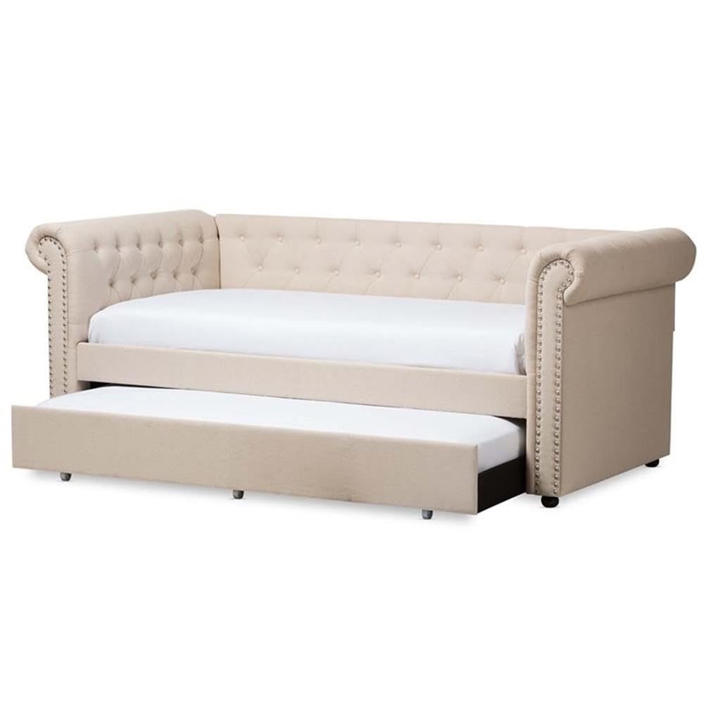 Light Beige Upholstered Twin Daybed with Trundle V870