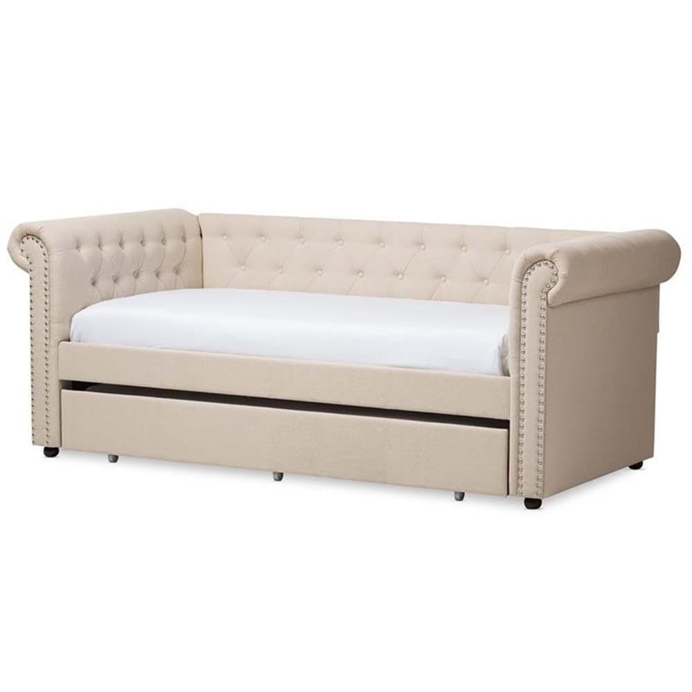 Light Beige Upholstered Twin Daybed with Trundle V870
