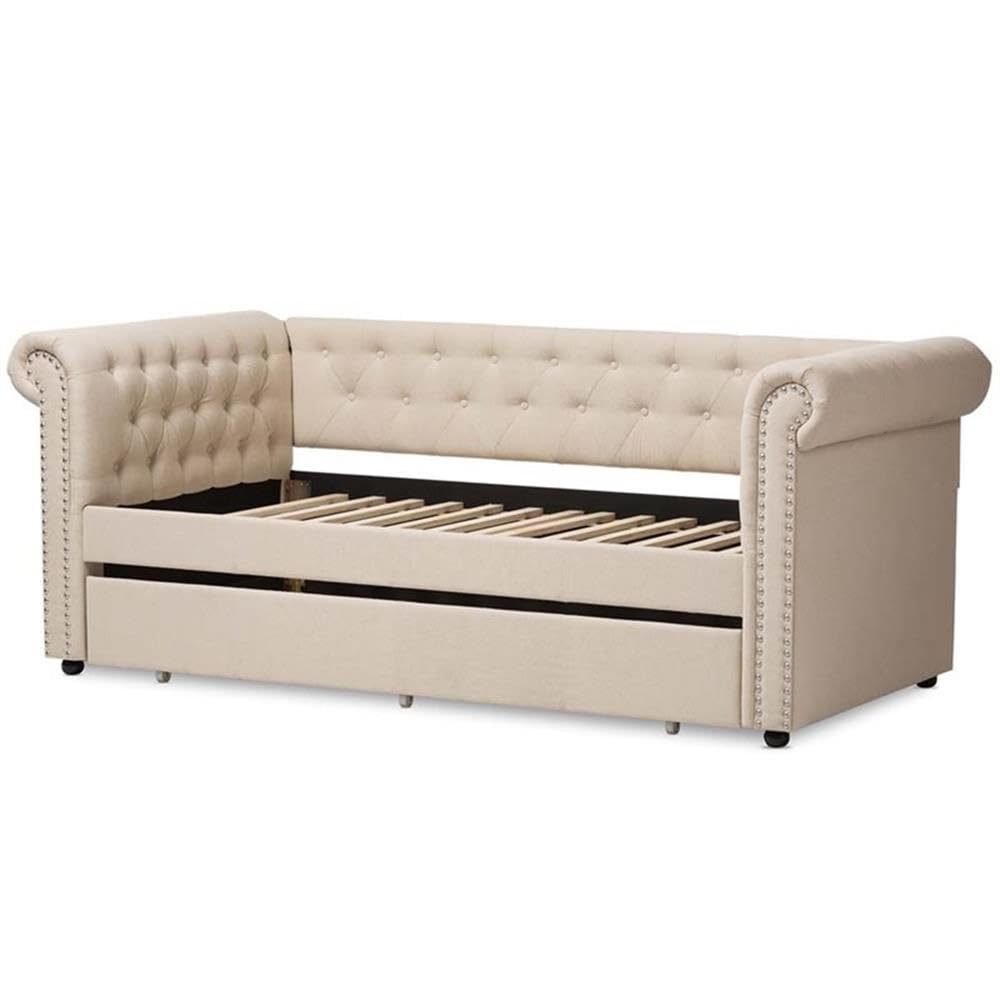 Light Beige Upholstered Twin Daybed with Trundle V870