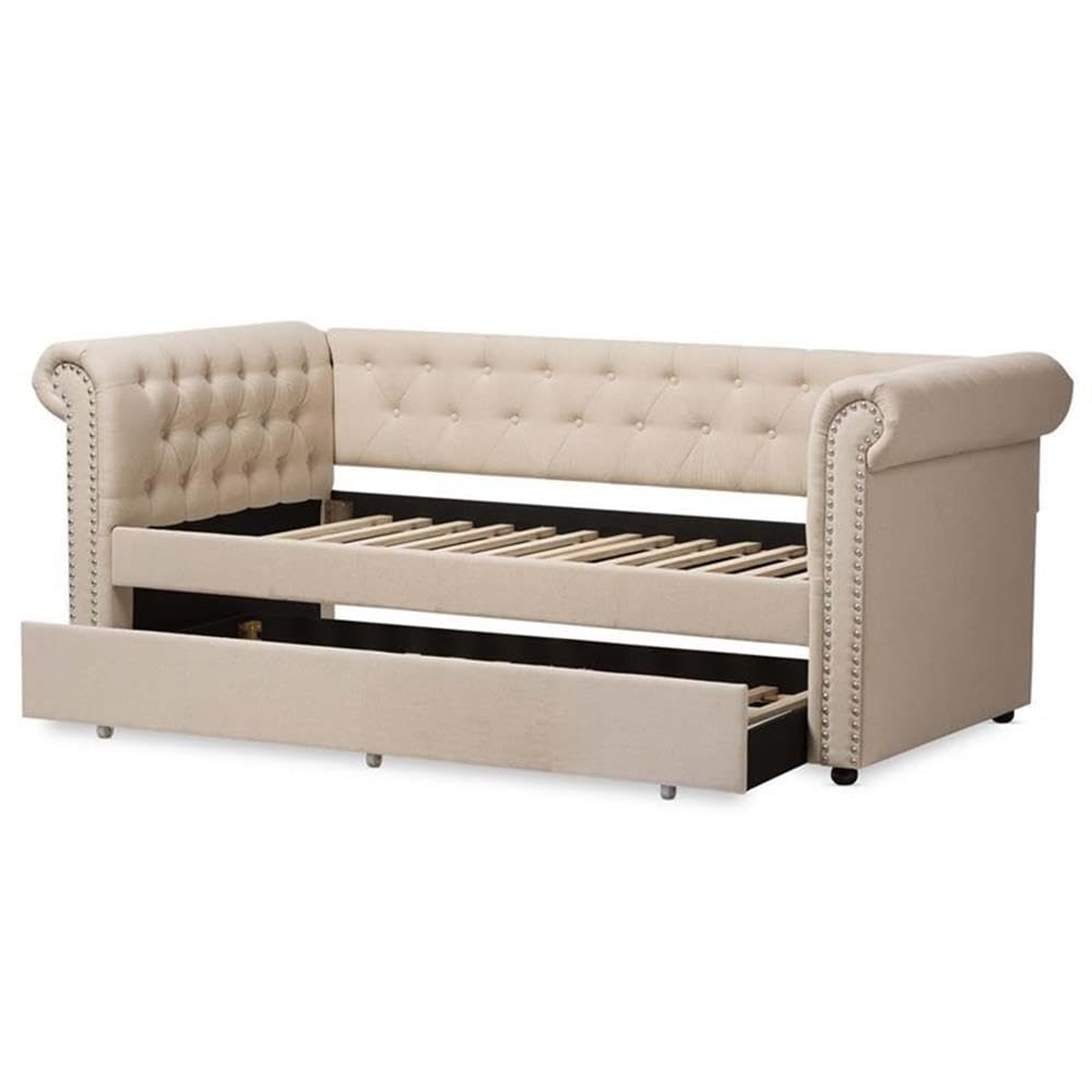 Light Beige Upholstered Twin Daybed with Trundle V870