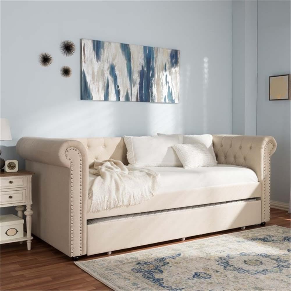 Light Beige Upholstered Twin Daybed with Trundle V870
