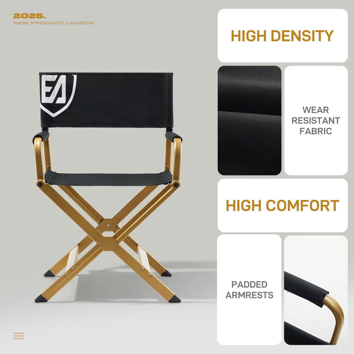 Aluminum Folding Directors Chair 19" Seat Height Black Fabric Golden Frame E691