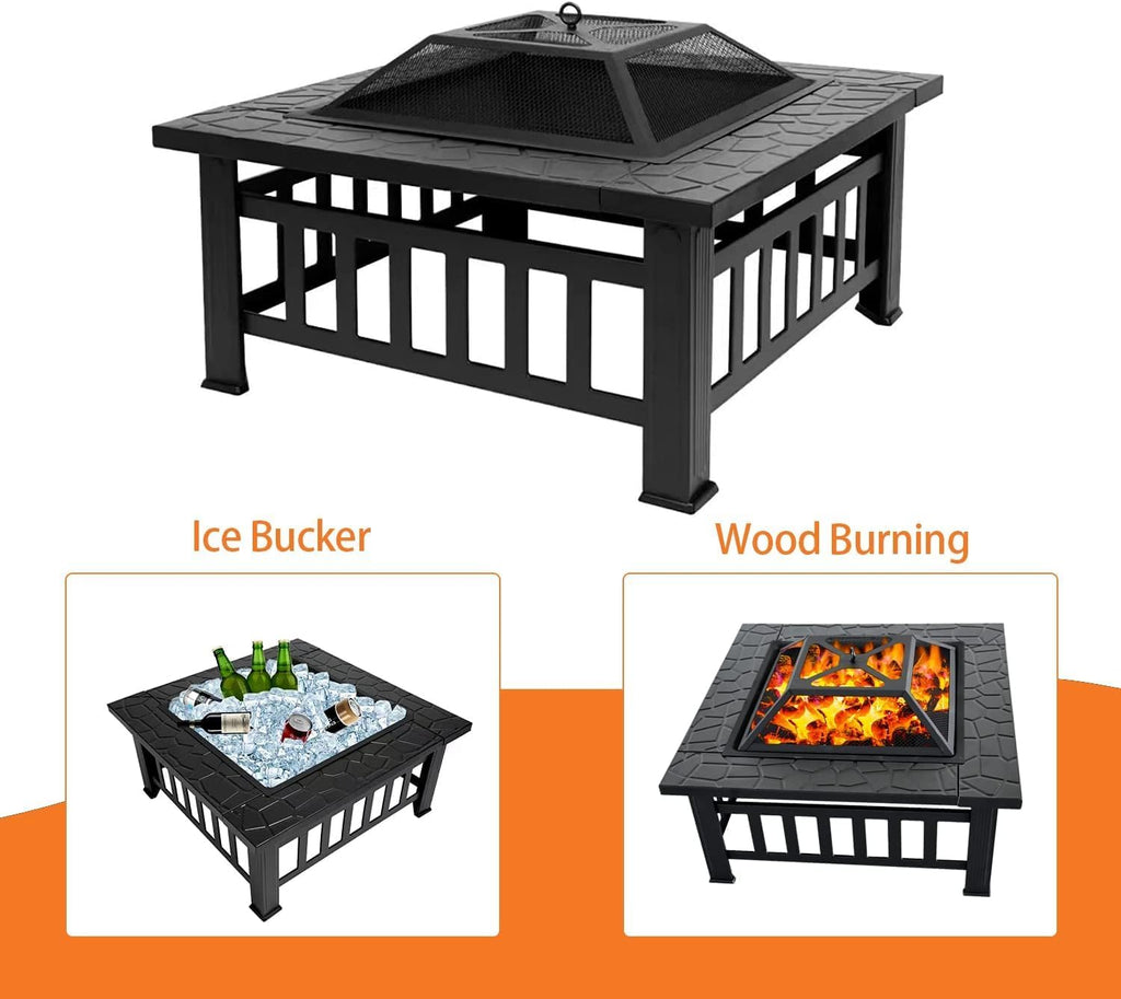 32 Inch Square Metal Wood Burning Fire Pit Y180583