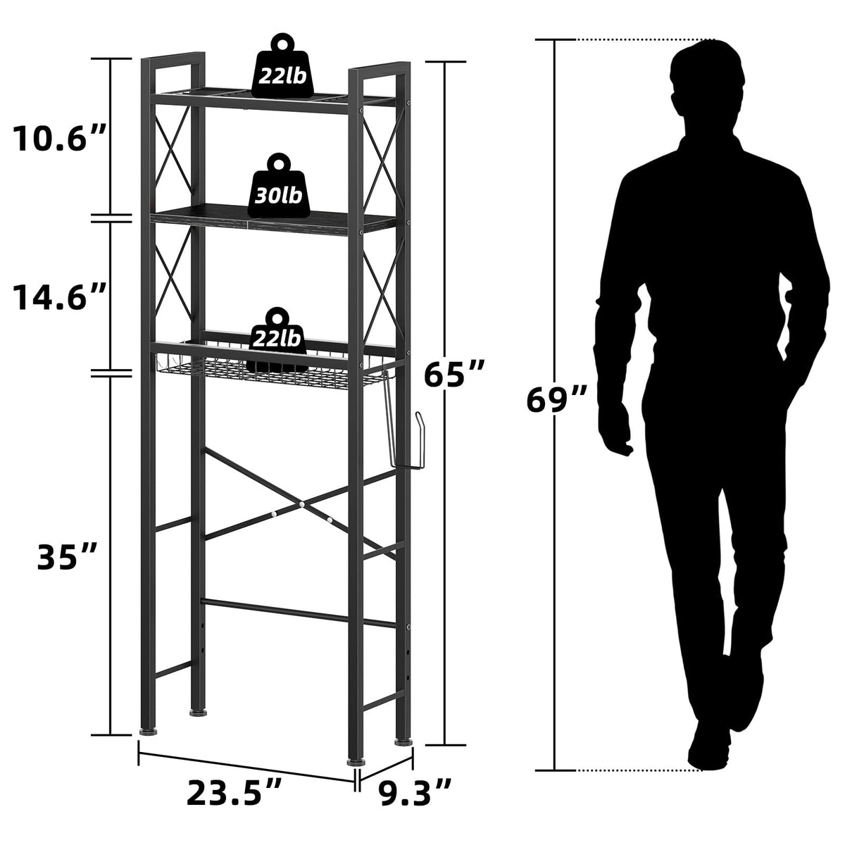 3-Tier Over The Toilet Storage Rack with Drain Basket P9310
