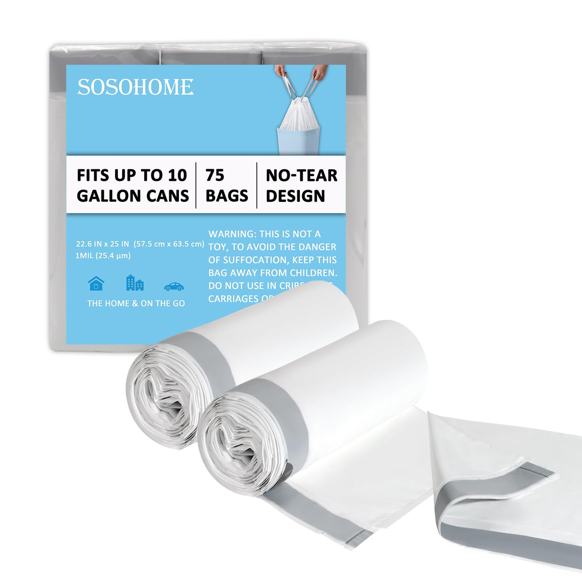 10 Gallon White 1 Mil Drawstring Trash Bags 75 Count X33858