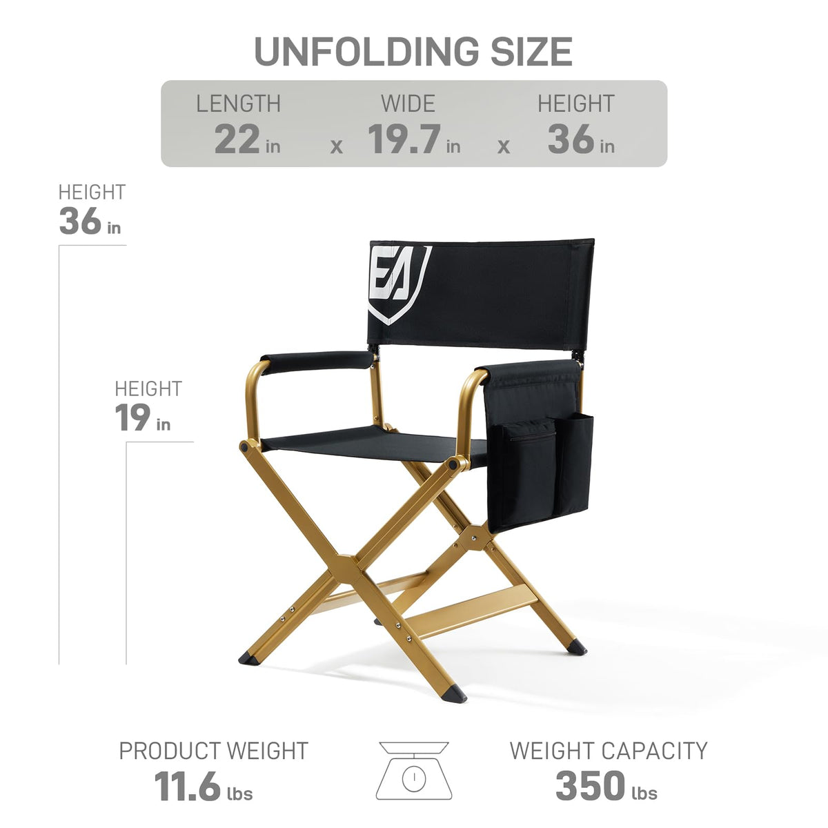 Aluminum Folding Directors Chair 19" Seat Height Black Fabric Golden Frame E691