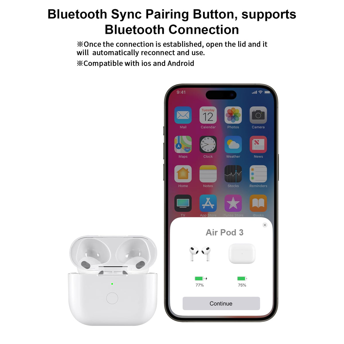 Wireless Charging Case Replacement with Bluetooth Pairing Sync Button V8073