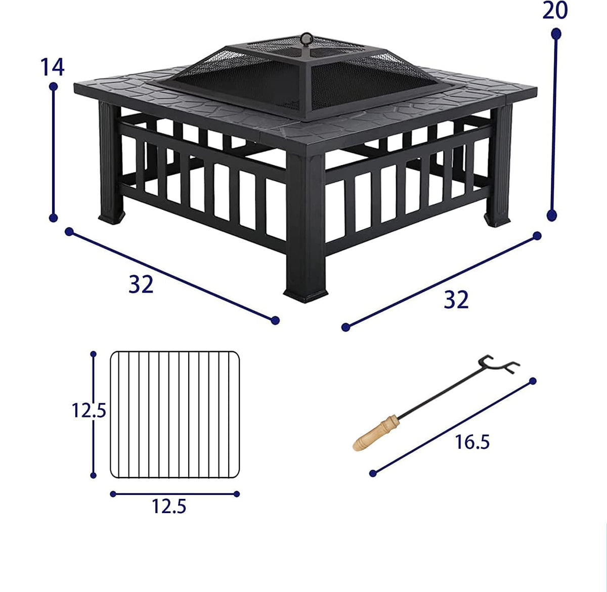 32 Inch Square Metal Wood Burning Fire Pit Y180583