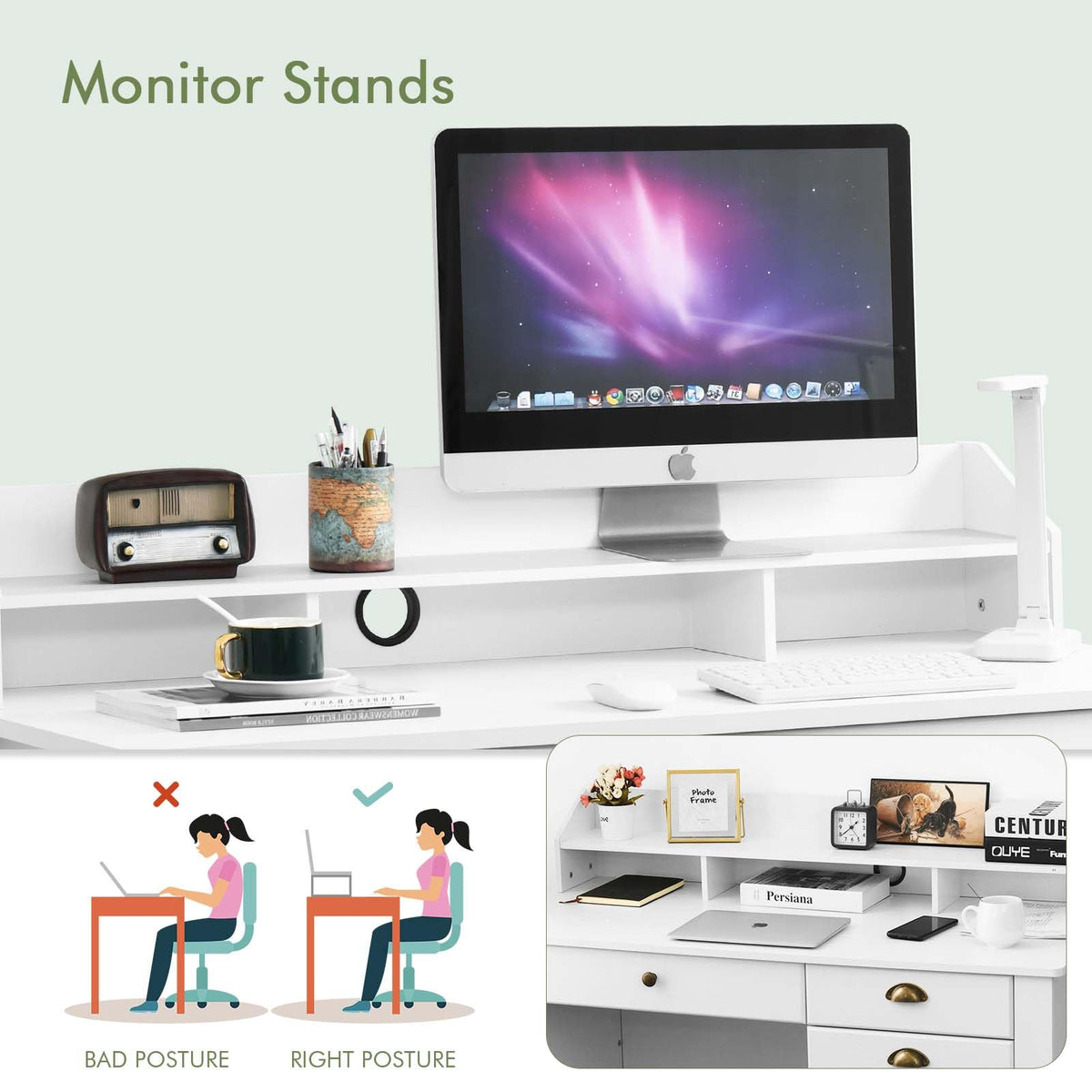 White Computer Desk with Drawers and Hutch B8865
