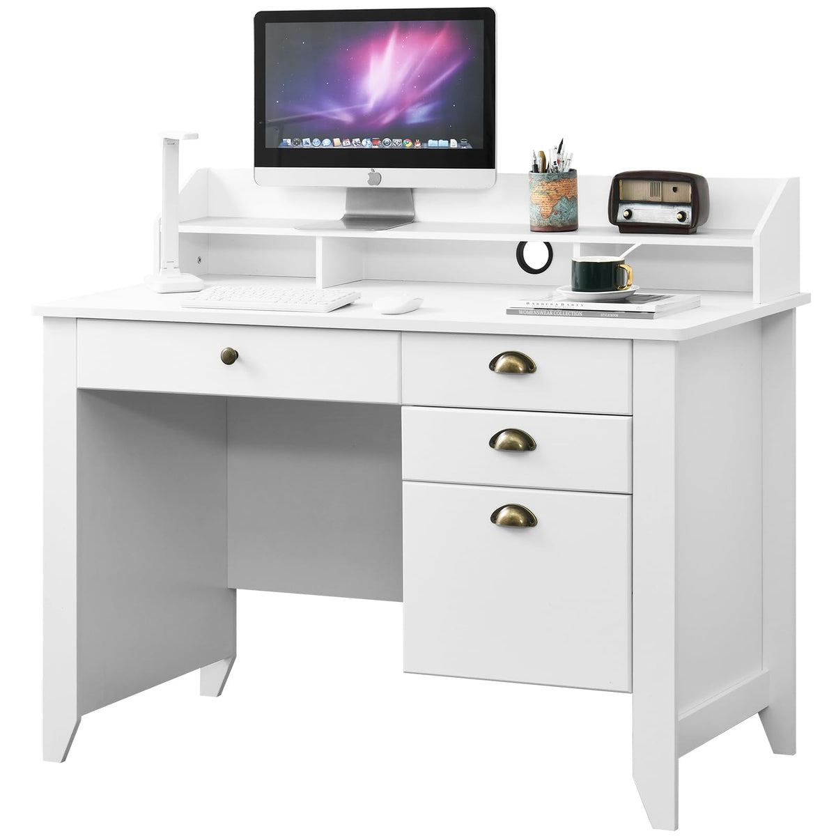 White Computer Desk with Drawers and Hutch B8865