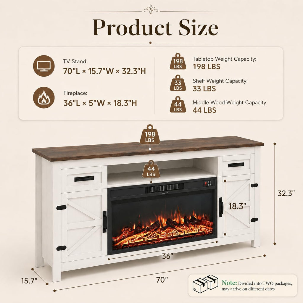 White 70 inch Fireplace TV Stand with Barn Door L87873