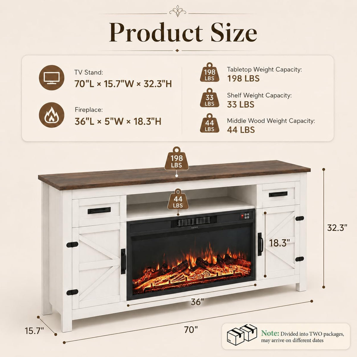 White 70 inch Fireplace TV Stand with Barn Door L87873