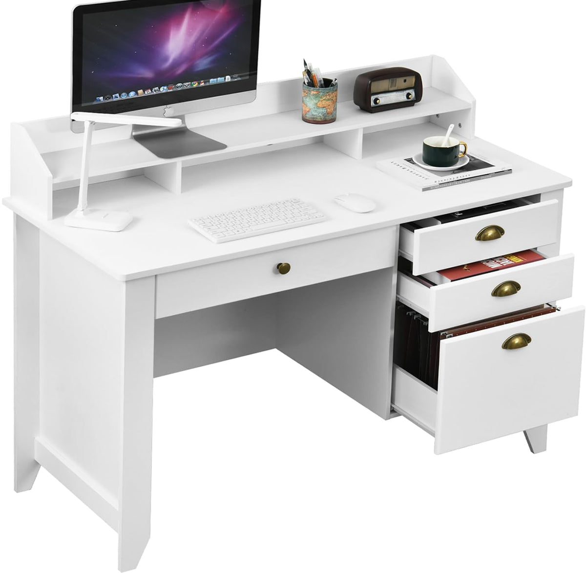 White Computer Desk with Drawers and Hutch B8865