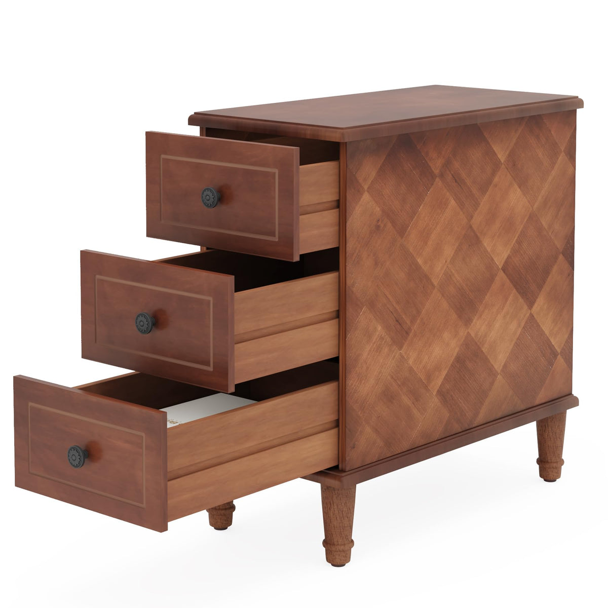 Fully Assembled Set of 2 Narrow 3 Drawer Brown End Table U9719