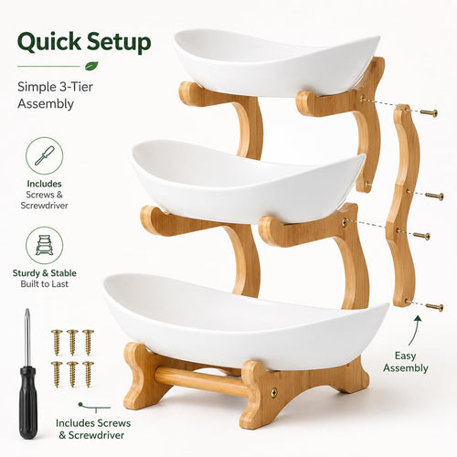 3-Tier Plastic Fruit Bowl Basket with Bamboo Stand Q376