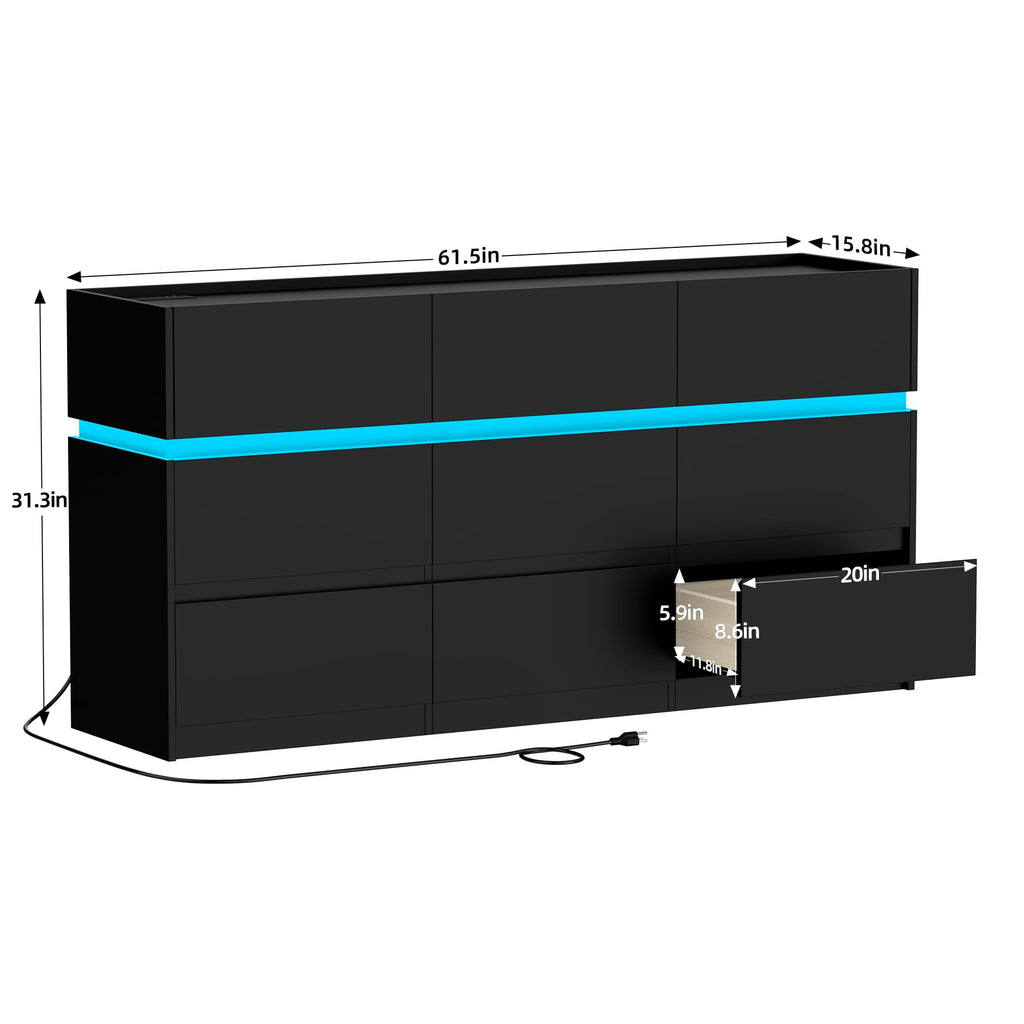 Black 9 Drawer Dresser with Charging Station and LED Lights F403