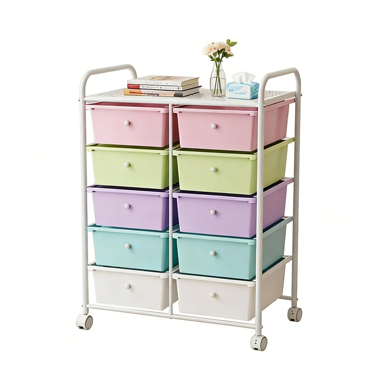 Rolling Storage Drawer Cart with Wheels and Carbon Steel Tabletop V6546