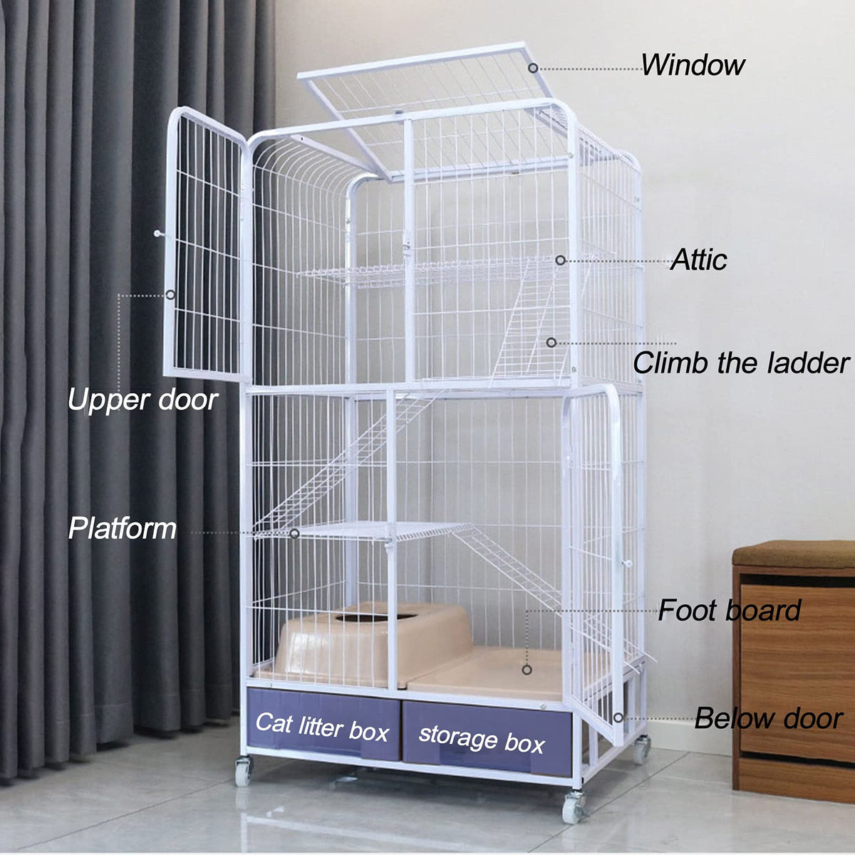 White Folding Metal Cat Cage Dog Crate with Four Wheels L214530
