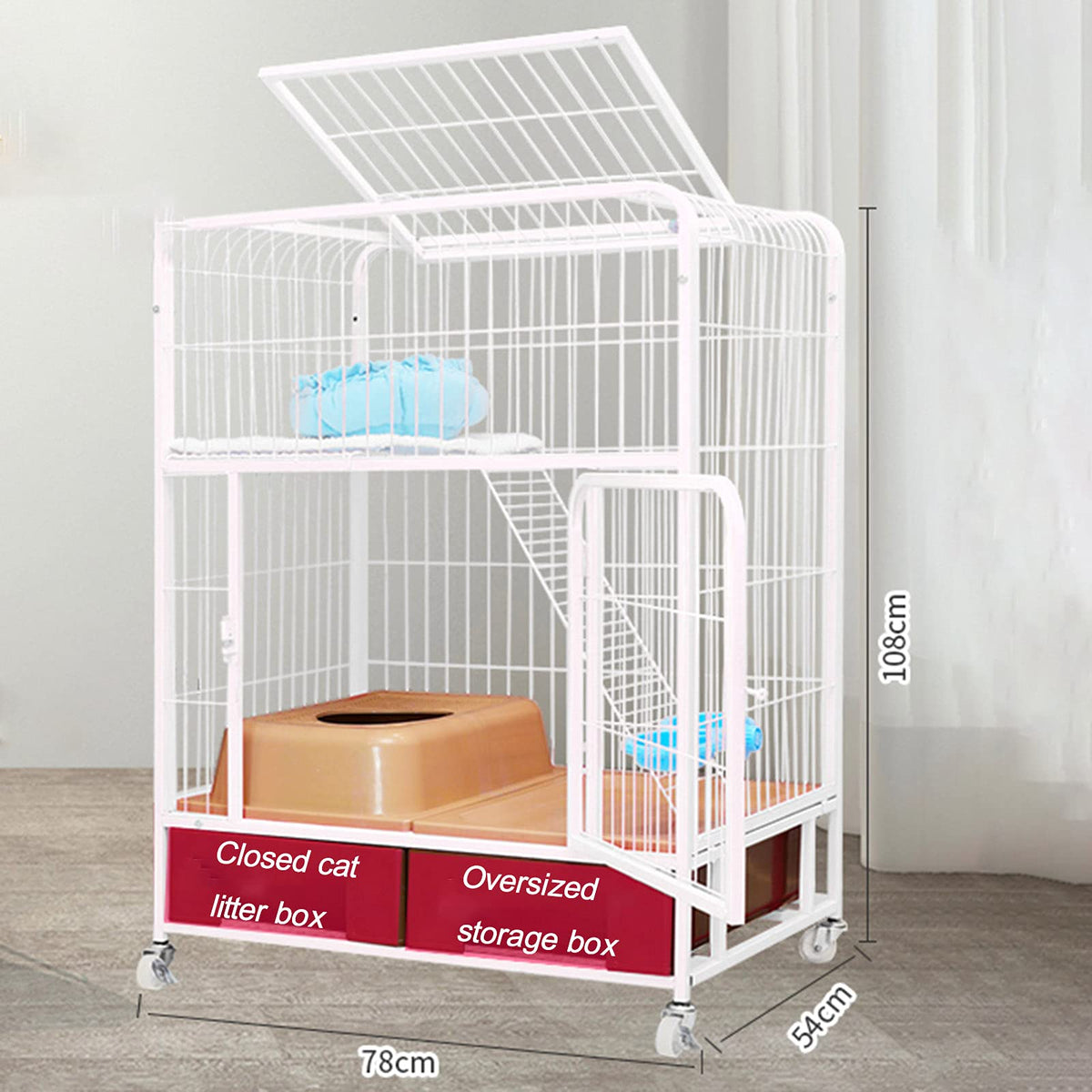 White Folding Metal Cat Cage Dog Crate with Four Wheels L214530