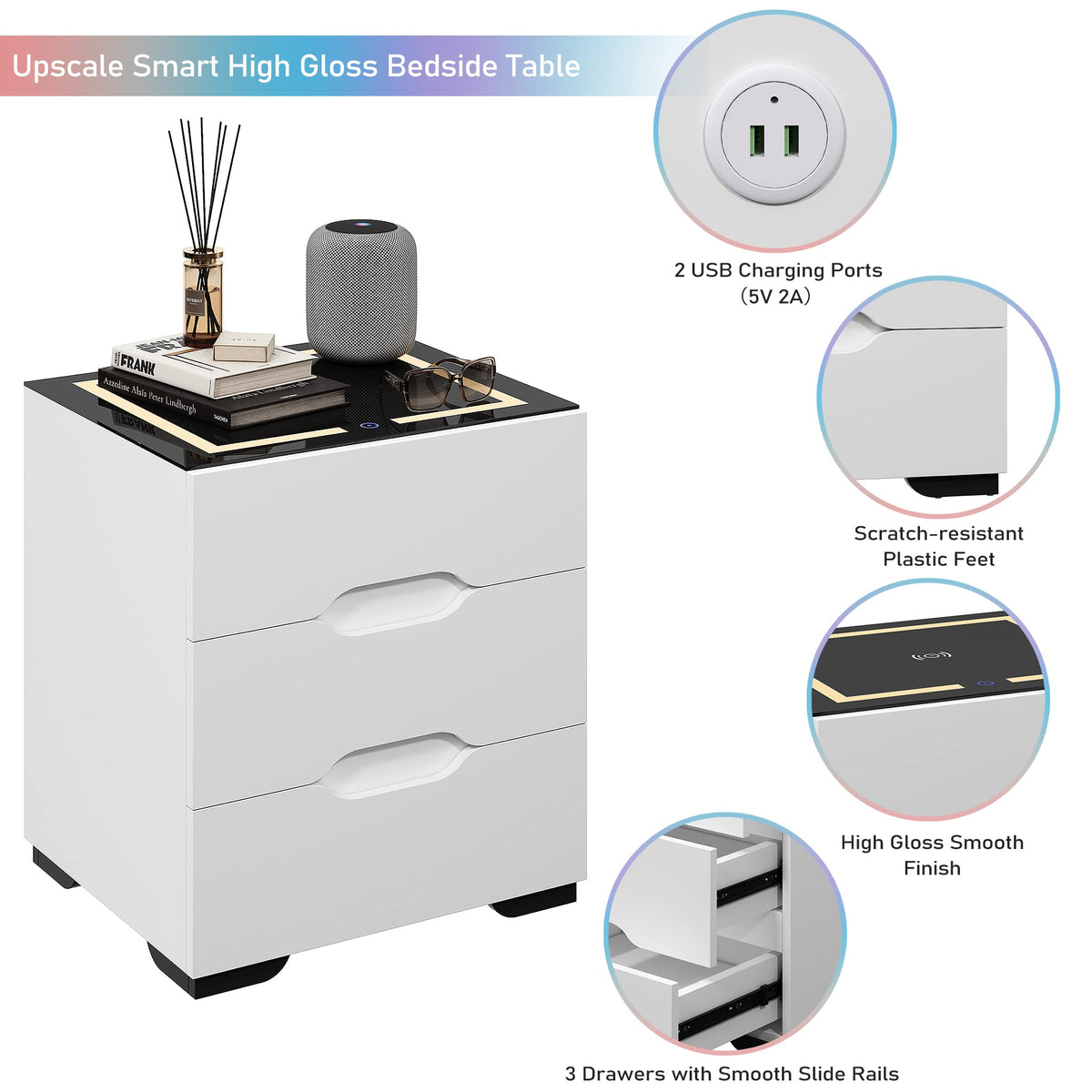 White Smart Nightstand with Wireless Charging Station and 3 Drawers D588