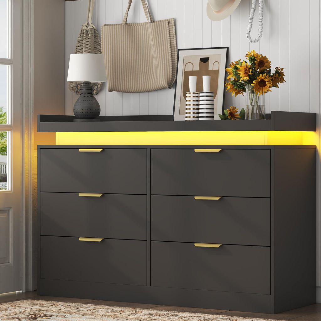 Black 6 Drawer Wood Dresser with LED Lights and Power Outlet V9679