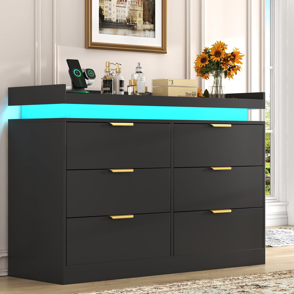 Black 6 Drawer Wood Dresser with LED Lights and Power Outlet V9679