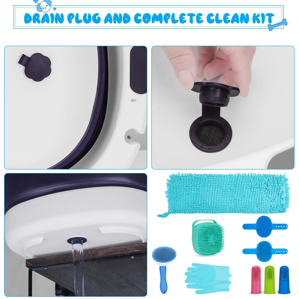 Collapsible Pet Bathtub with Water Drain Plug and Grooming Brush R61117