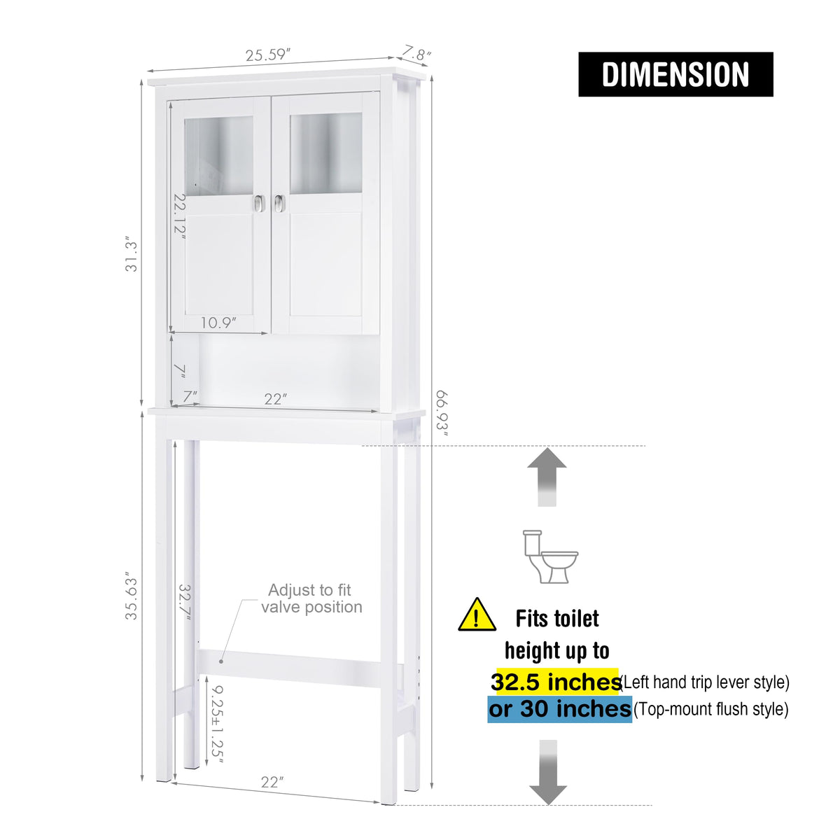 White Over the Toilet Storage Cabinet with Glass Doors H2424
