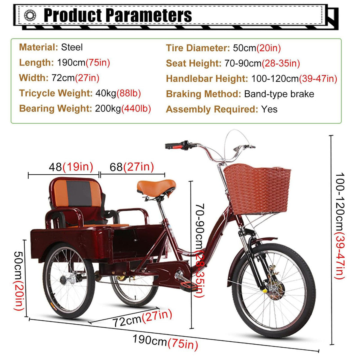 20 Inch 3-Wheel Electric Tricycle with Front Basket & Cargo Carrier P302