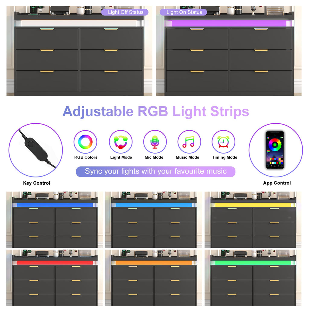 Black 6 Drawer Wood Dresser with LED Lights and Power Outlet V9679