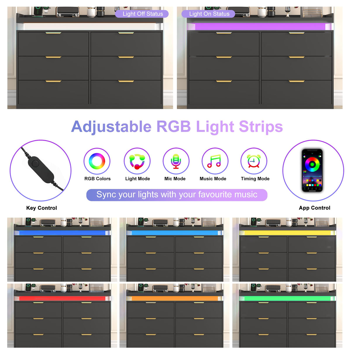 Black 6 Drawer Wood Dresser with LED Lights and Power Outlet V9679