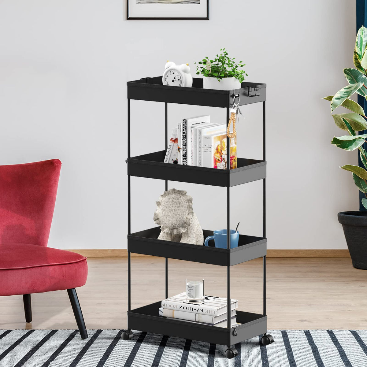 4 Tier Rolling Cart with Wheels and 3 Hanging Baskets F343367