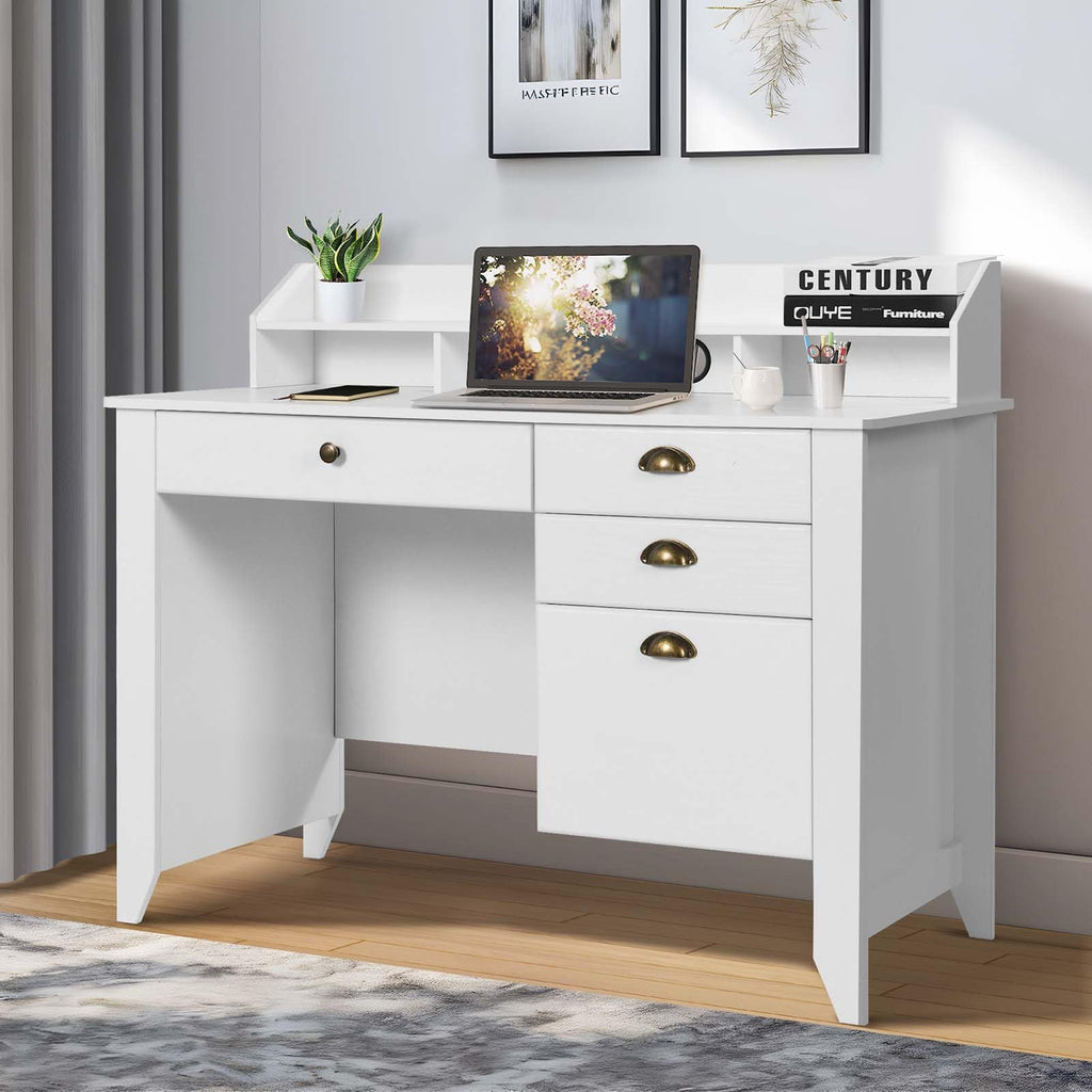 White Computer Desk with Drawers and Hutch B8865