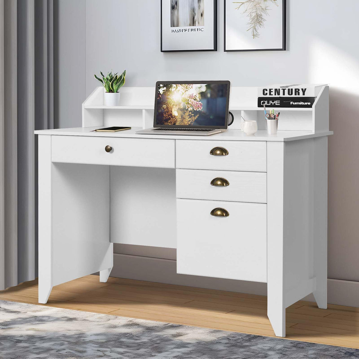 White Computer Desk with Drawers and Hutch B8865