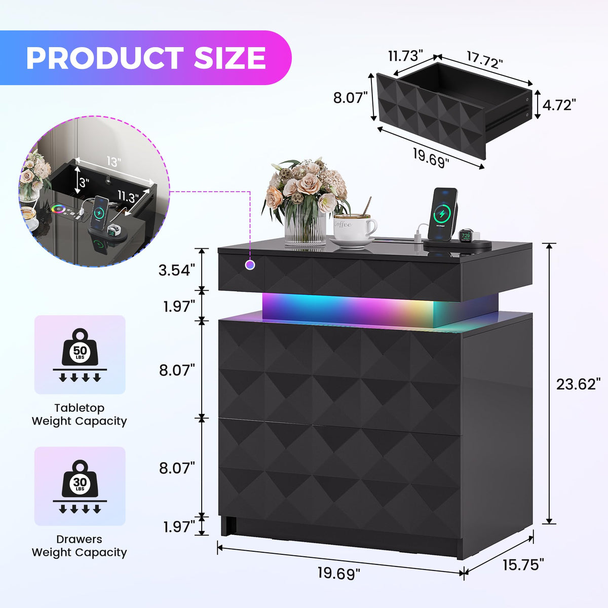LED Night Stand with Charging Station J1725