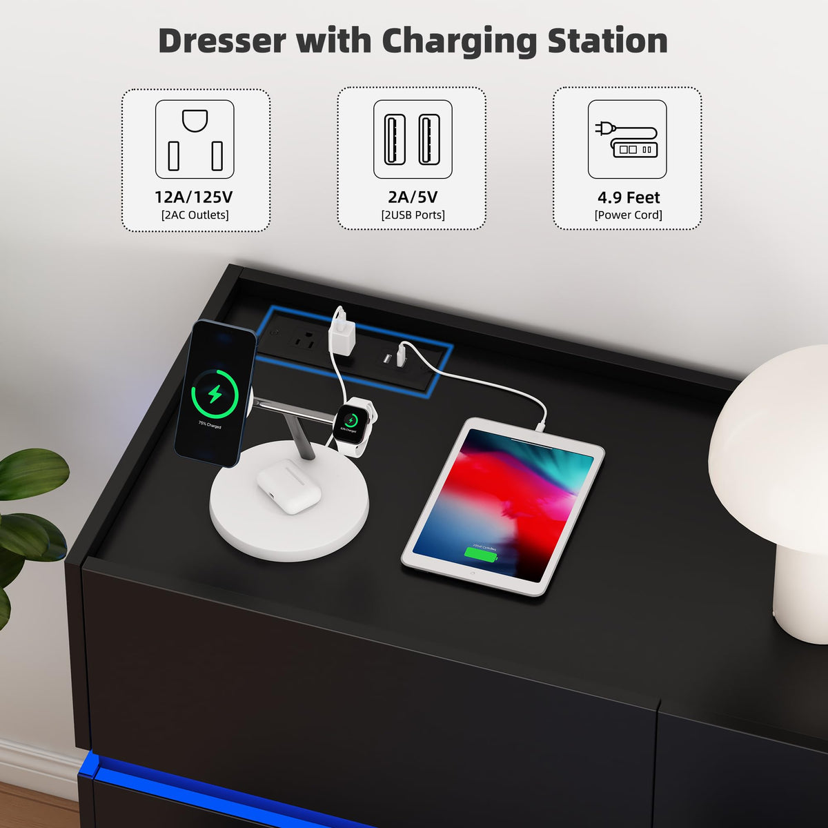 Black 9 Drawer Dresser with Charging Station and LED Lights F403
