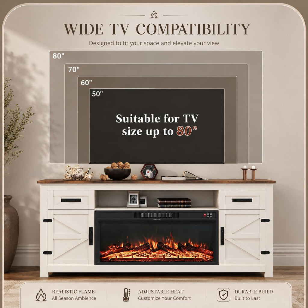 White 70 inch Fireplace TV Stand with Barn Door L87873