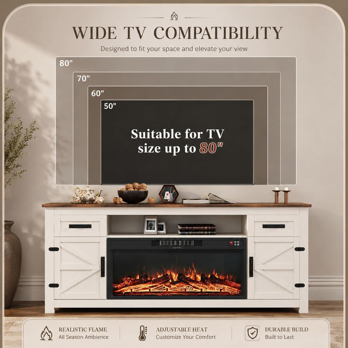 White 70 inch Fireplace TV Stand with Barn Door L87873