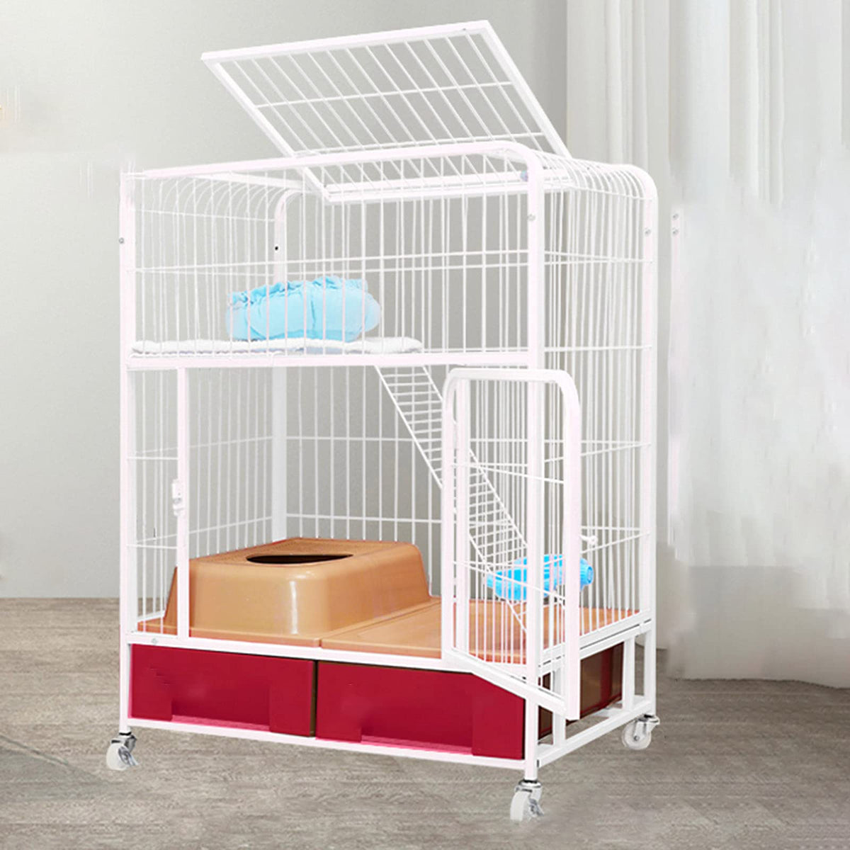 White Folding Metal Cat Cage Dog Crate with Four Wheels L214530