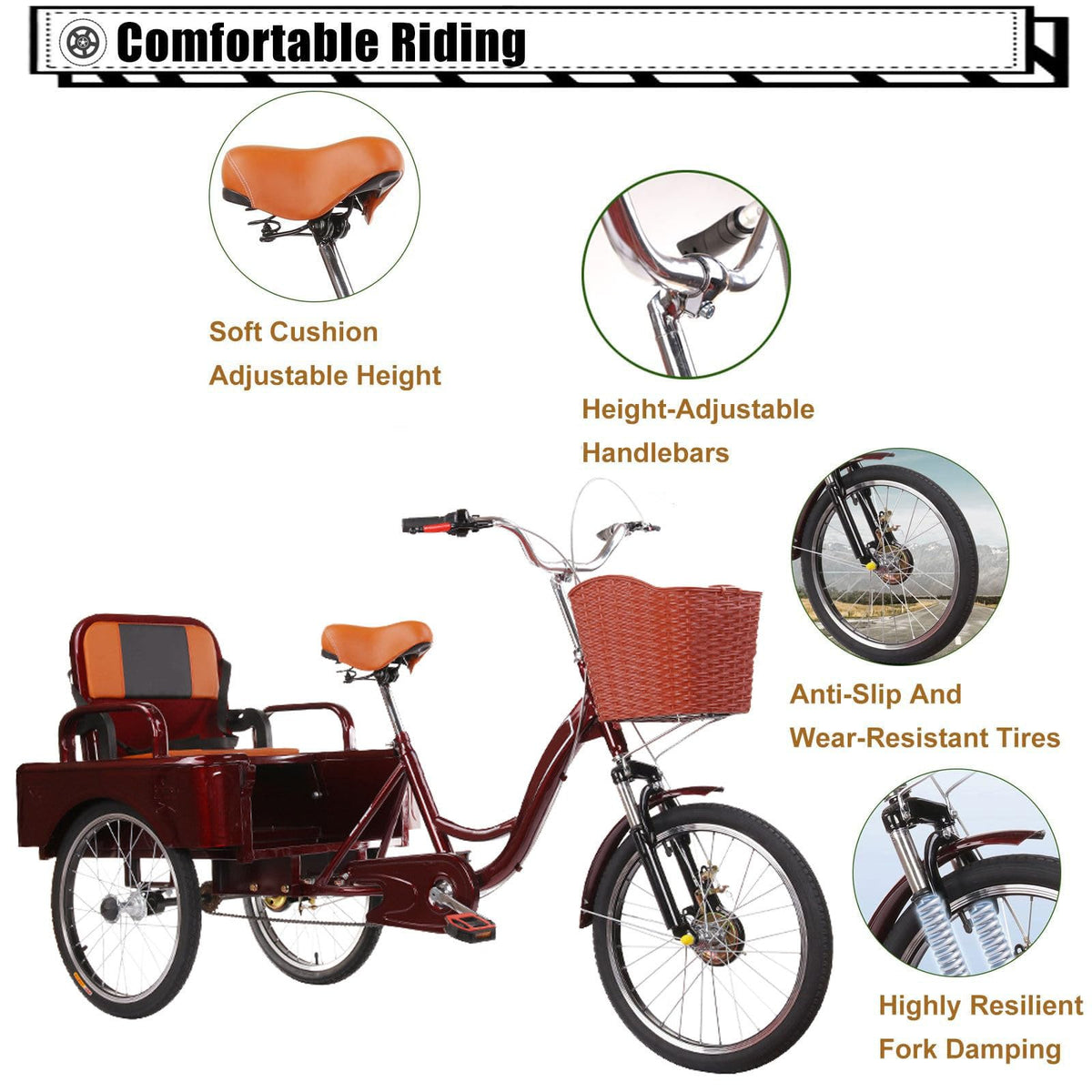 20 Inch 3-Wheel Electric Tricycle with Front Basket & Cargo Carrier P302