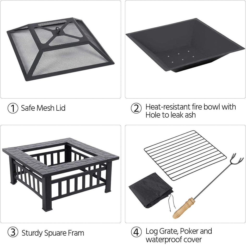 32 Inch Square Metal Wood Burning Fire Pit Y180583