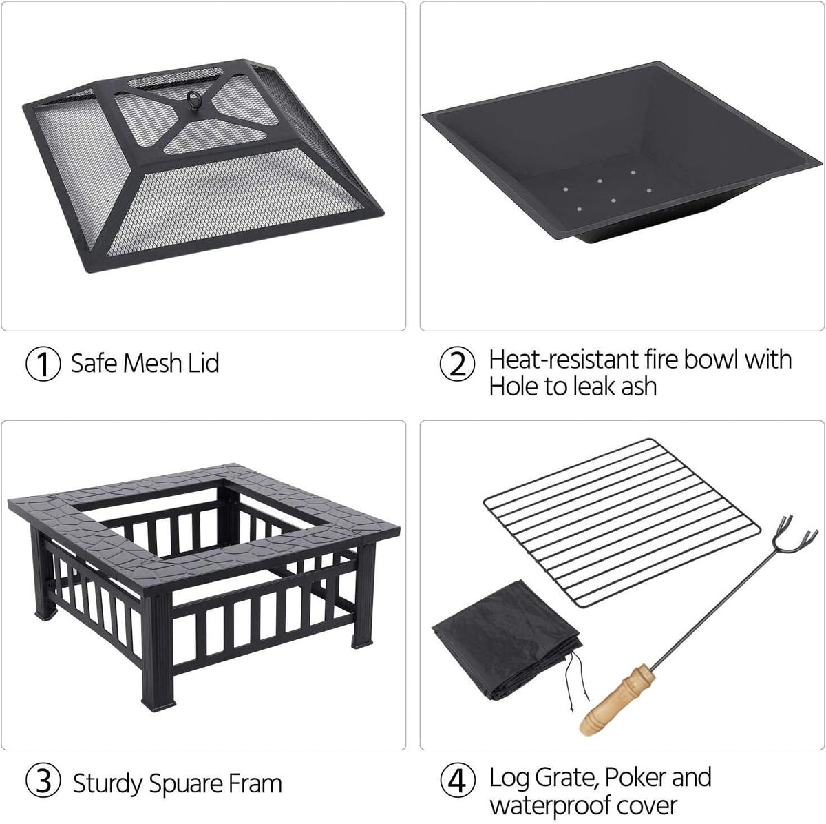 32 Inch Square Metal Wood Burning Fire Pit Y180583