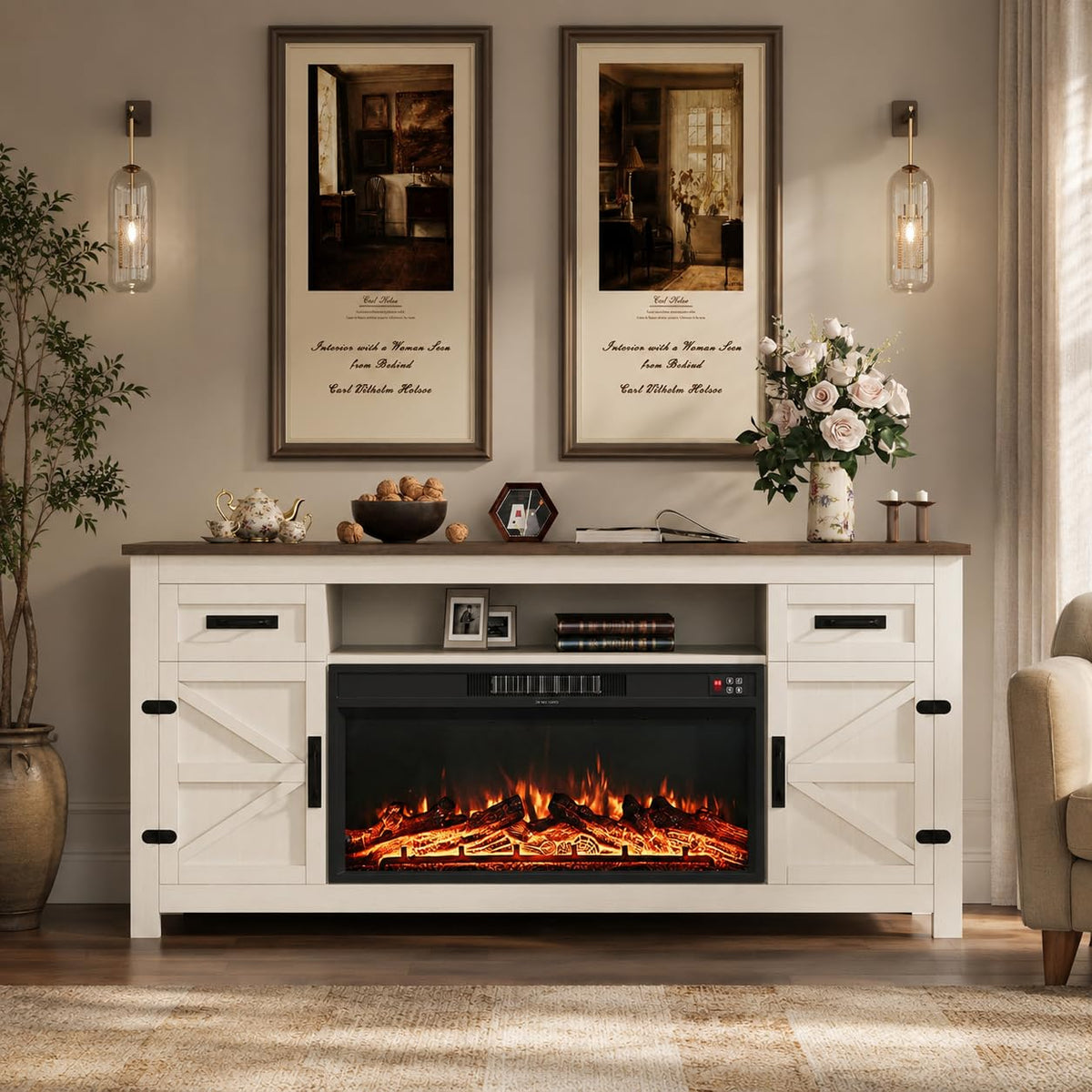 White 70 inch Fireplace TV Stand with Barn Door L87873