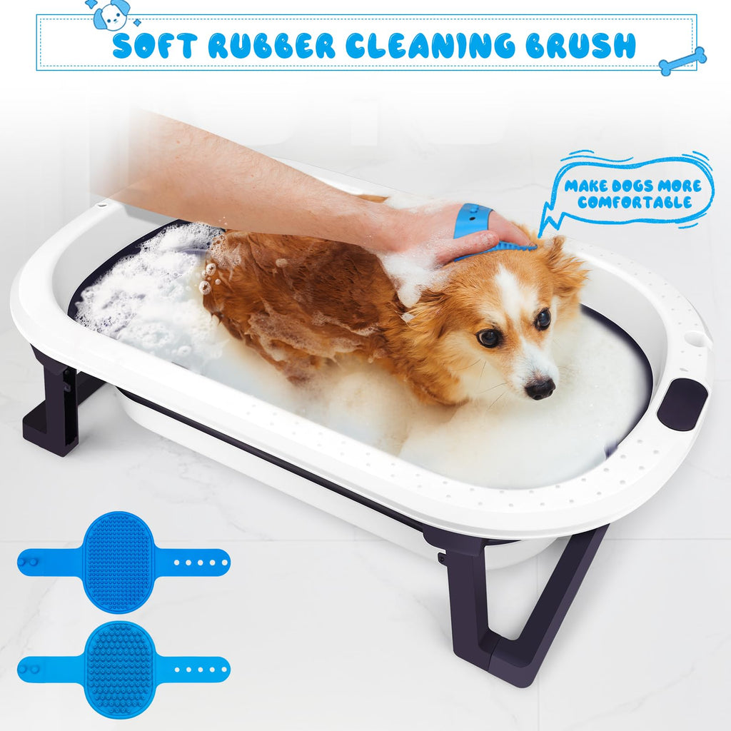 Collapsible Pet Bathtub with Water Drain Plug and Grooming Brush R61117