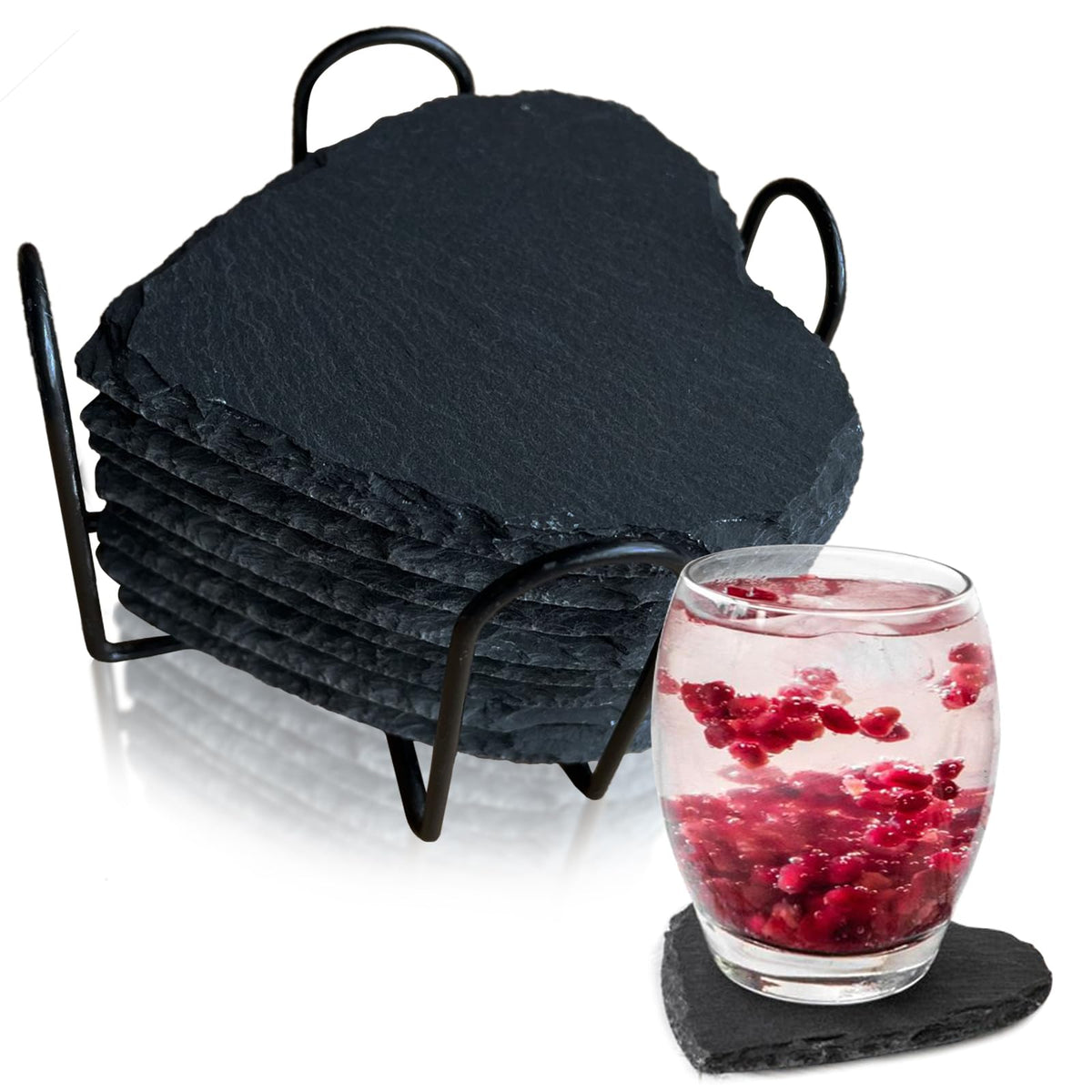 8 Pack Black Slate Coasters with Metal Holder L532064