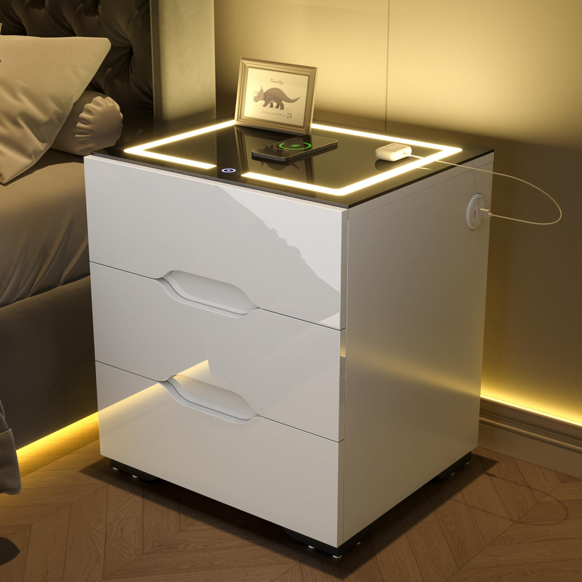 White Smart Nightstand with Wireless Charging Station and 3 Drawers D588