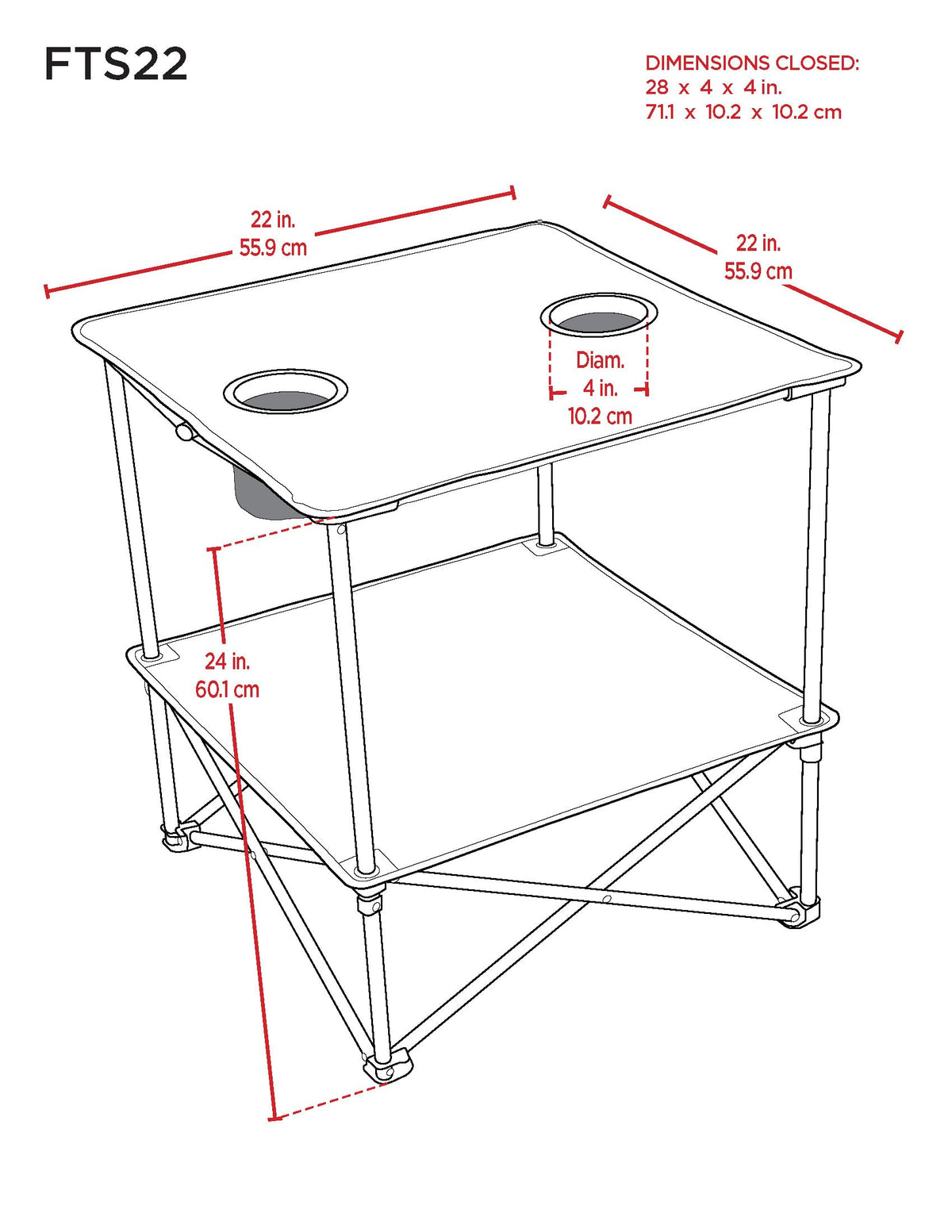 22” Square Compact Outdoor Folding Table with Cup Holders and Carry Bag M10591