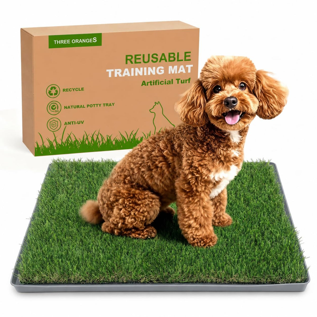 Dog Grass Pad with Tray 20" x 24" Artificial Grass Pee Pads with Non-Slip Grey Silicone Tray & 2 Replacement Grass Mats K4346