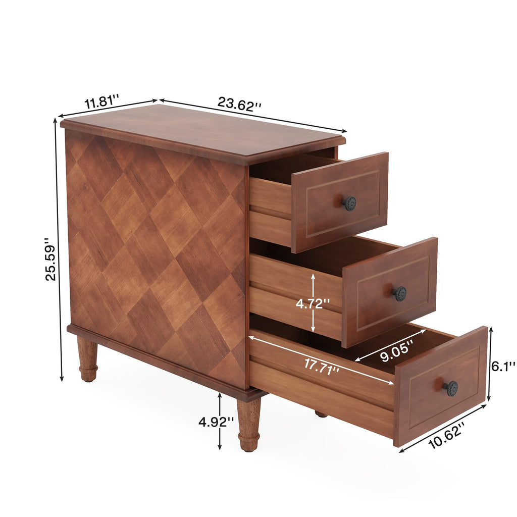 Fully Assembled Set of 2 Narrow 3 Drawer Brown End Table U9719