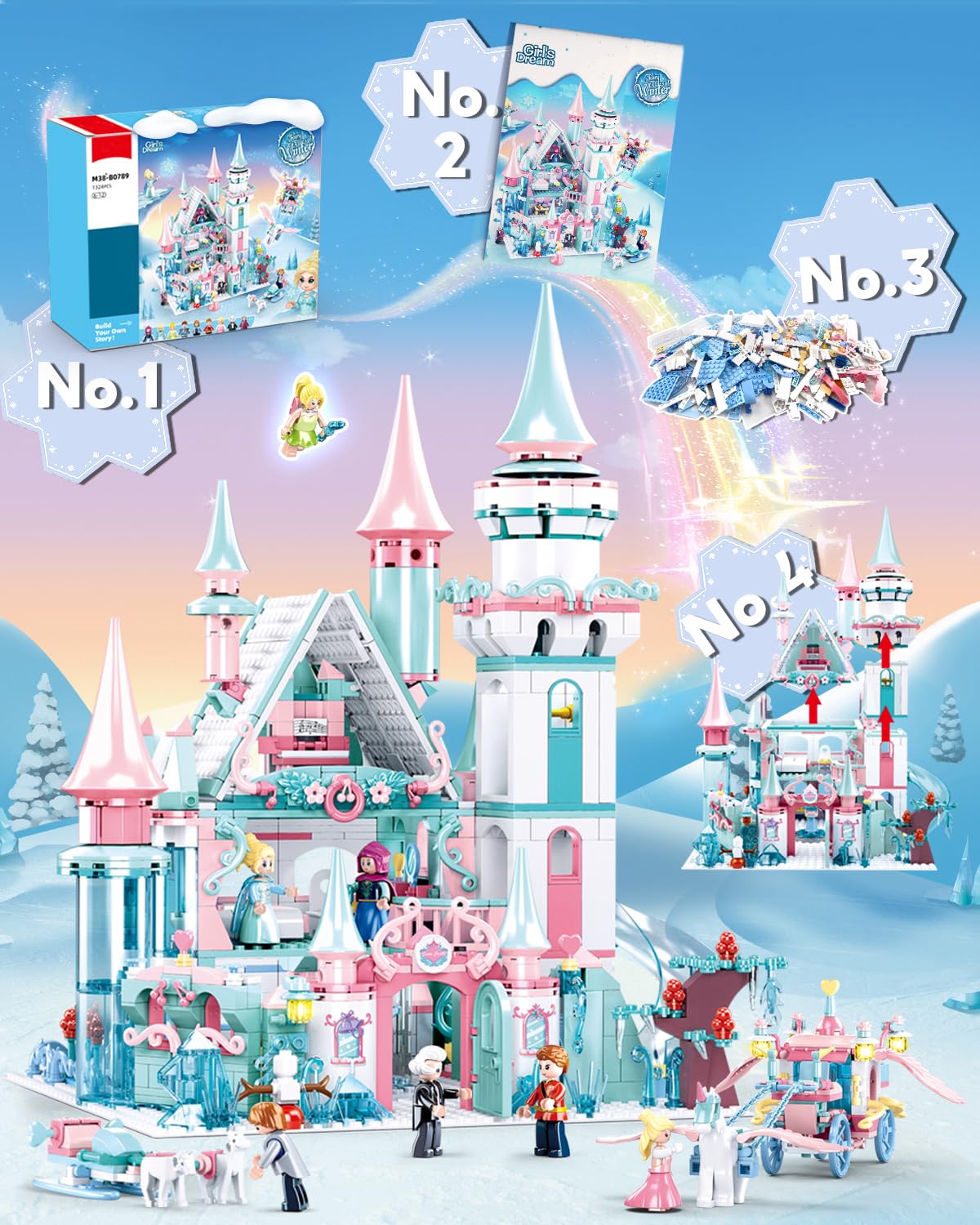 Castle Building Set with Slide, Carriage & Sledge, 9 Minifigures, 1314 PCS M783
